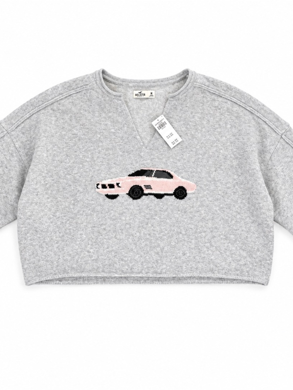Hollister Gray Cropped Crewneck Sweatshirt with Pink Car Graphic, Medium NWT